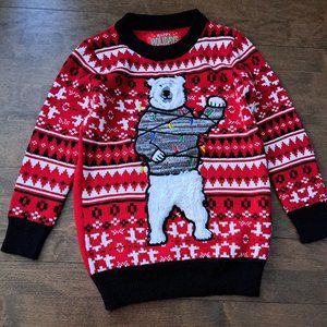 unisex girl or boy Christmas sweater red fluffy bear  ''Happy Holidays'', 7-8